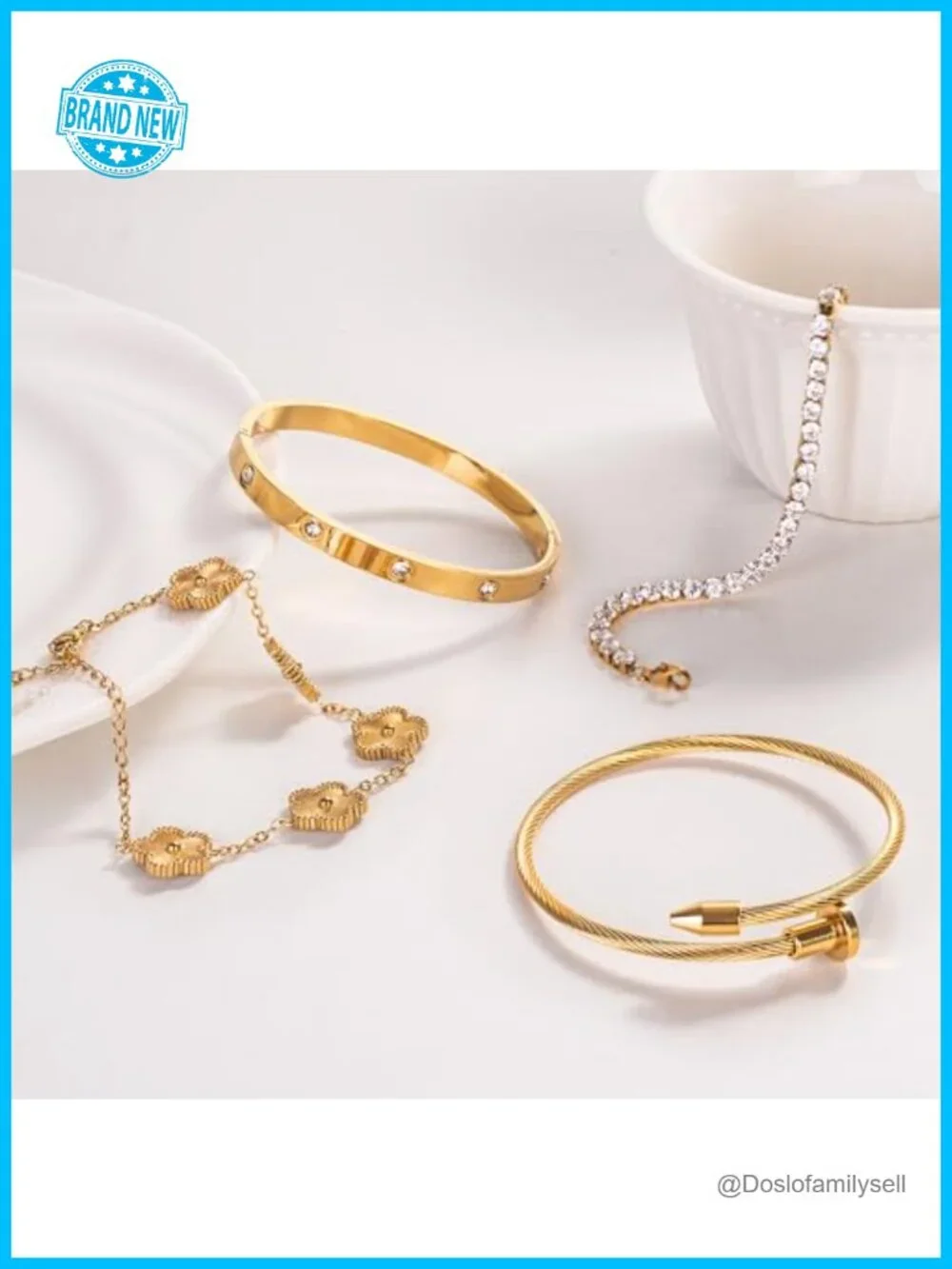 18K Gold Plated Bangle Bracelet Set Stackable Floral Adjustable Tennis Non